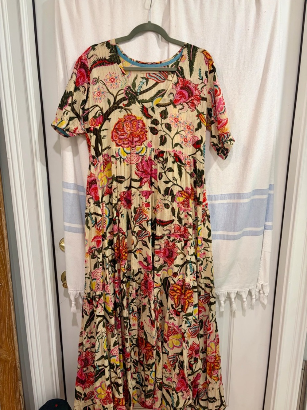 Lola Australia Floral Tiered Midi Dress - Cream with Pink Floral Print